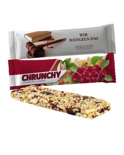 25 g organic cranberry and almond muesli bar in flow pack with promotional print