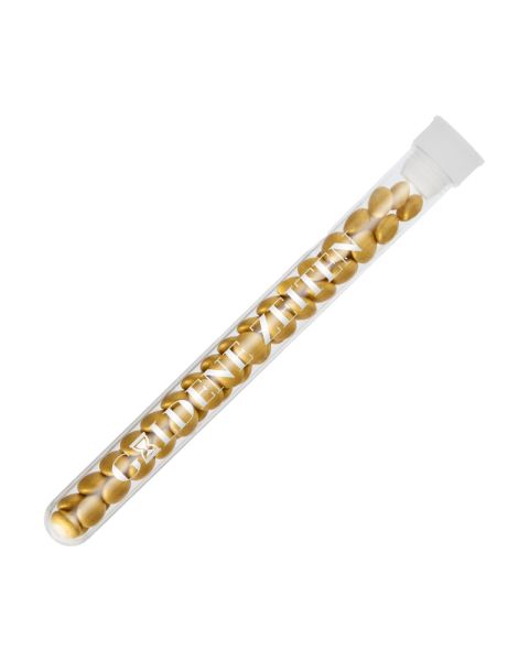 16 g golden chocolate lentils in test tube with promotional print