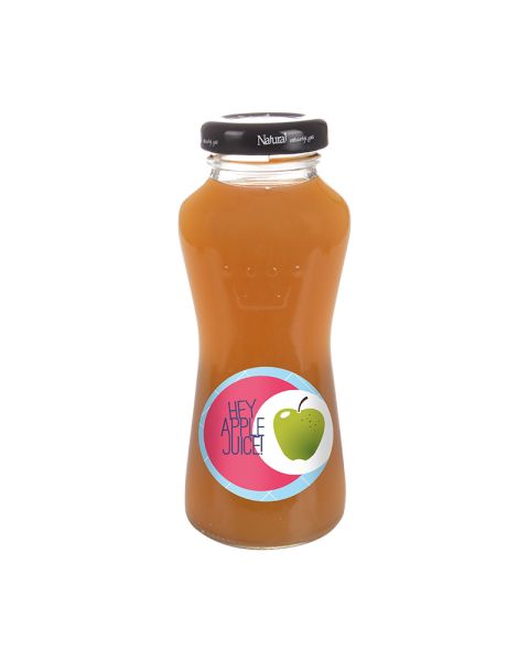 200 ml apple juice in glass bottle with promotional label