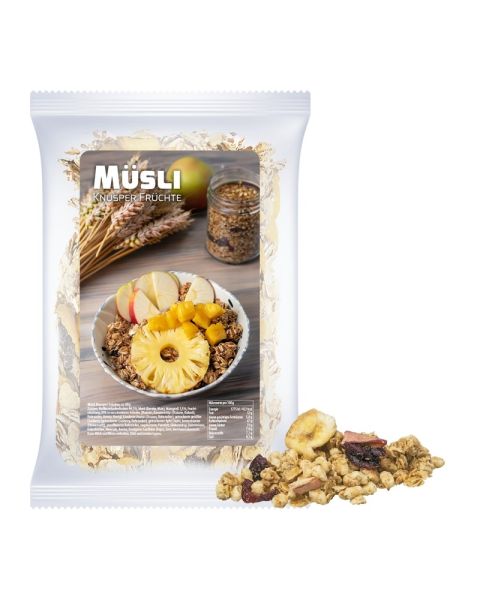 Express muesli crunchy fruit in a flow pack with promotional label