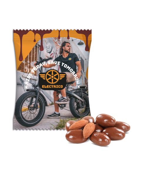 ChoViva chocolate almonds made from oats in promotional bag with logo print