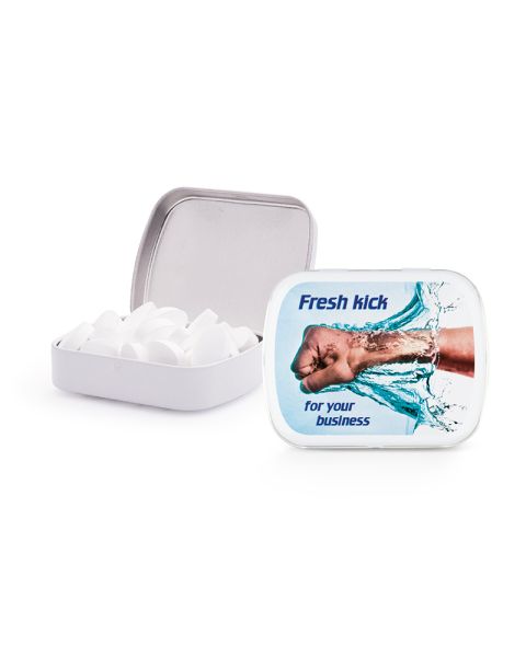 Express tin with sugar-free peppermint pastilles and advertising print