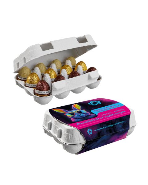 12-pack of Ferrero Rocher chocolate eggs in egg carton packaging with promotional sleeve