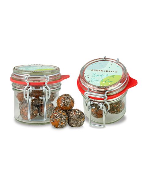 Superfood energy balls in XS clip-top jar with promotional label
