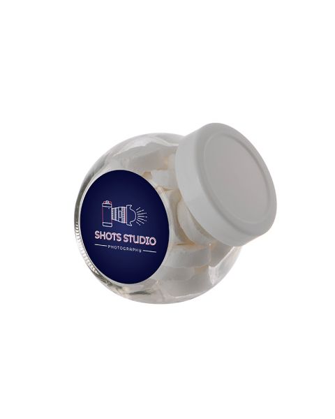 0.2 litre slanted neck glass filled with Wilhelmina peppermint and with promotional label