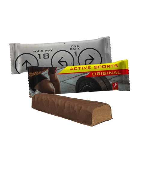 50 g cocoa protein bar in flow pack with promotional print