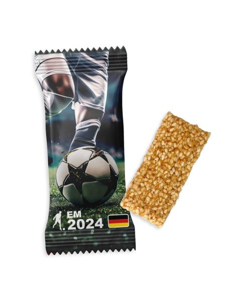 Organic sesame muesli bars in flow packs with promotional print