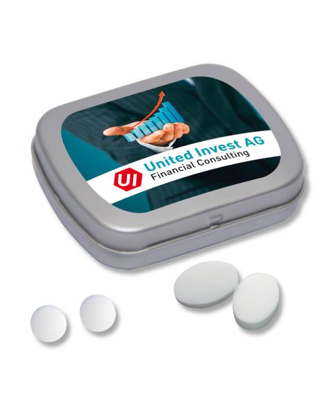 Pfefferminzpastillen Klappdose Mini mit Logodruck