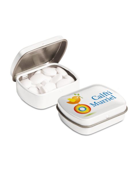 Micro Klappdeckeldose mit Pfefferminzpastillen und Logodruck