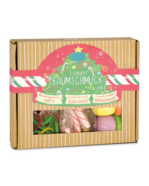 Gift box of edible tree decorations with printable label