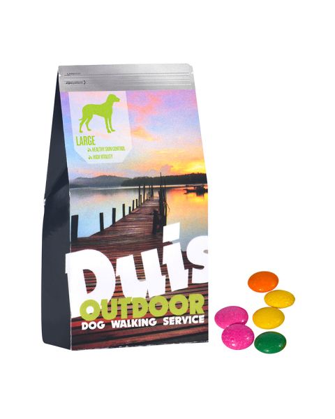 Feed bag with chocolate beans and advertising print