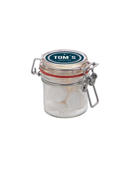 0.13 l Weck jar filled with Wilhelmina peppermint sweets and promotional label