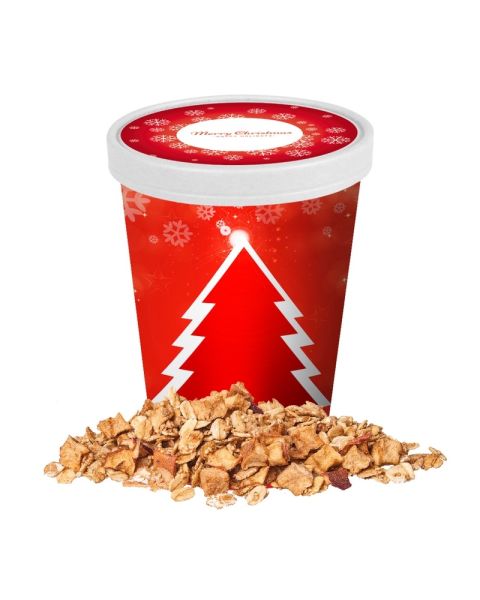 Organic crunchy Christmas muesli with apple and cinnamon in a snack cup with logo print