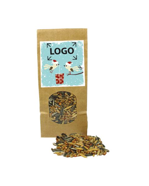 150 g Wildvogelfutter in Sichtfenster-Papiertüte mit Werbeetikett