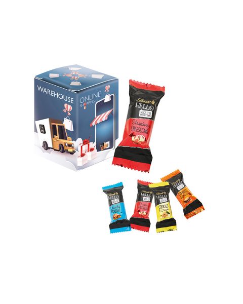 Lindt HELLO mini stick mix in mini promotional tower with logo print