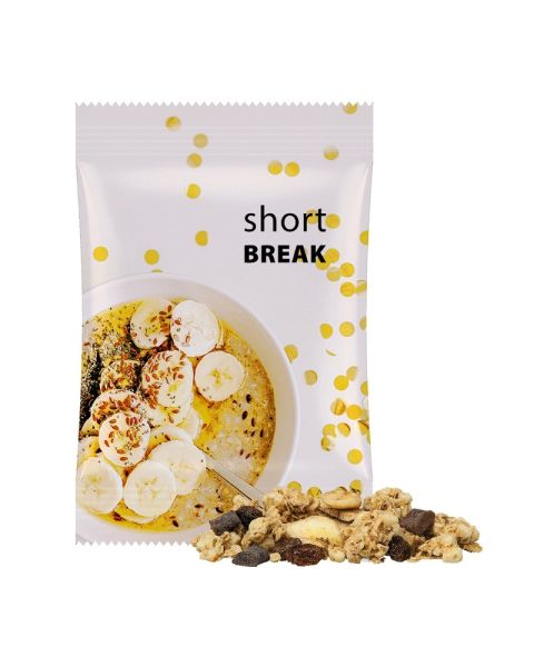 60 g crunchy banana and chocolate muesli in flow pack with promotional print