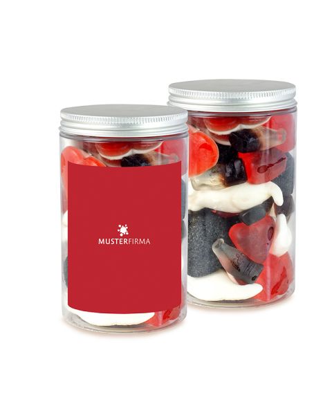 300 g rot-schwarz-weißer Süßigkeiten-Mix in Naschdose mit Werbeetikett