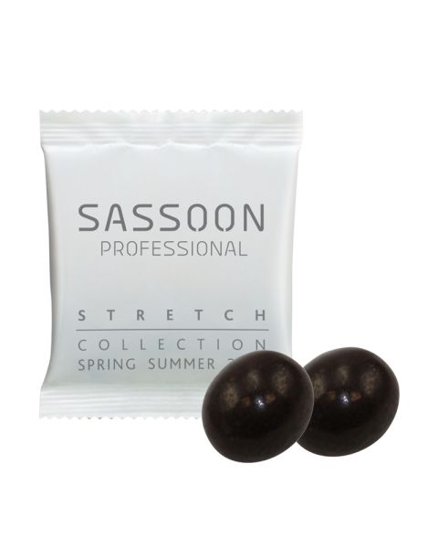 2 chocolate coffee beans in flow pack with logo print