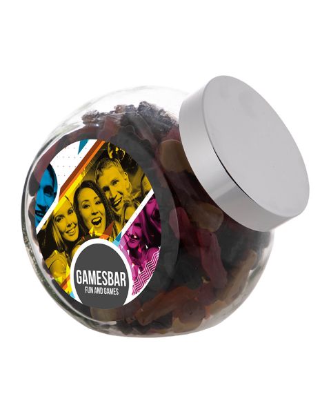 2 litre Slanted Jar filled with car-shaped liquorice and advertising label