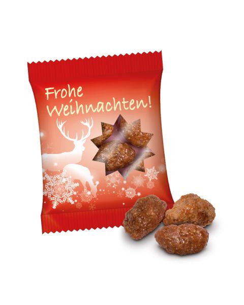Roasted almonds in standard Christmas bags