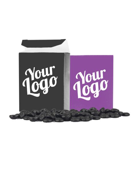 20 g sugar-free liquorice pastilles in a box with promotional print