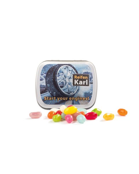 American-style jelly beans in a hinged lid tin with promotional print