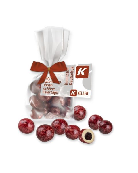 30 g currants in white chocolate in a flat bag with advertising card
