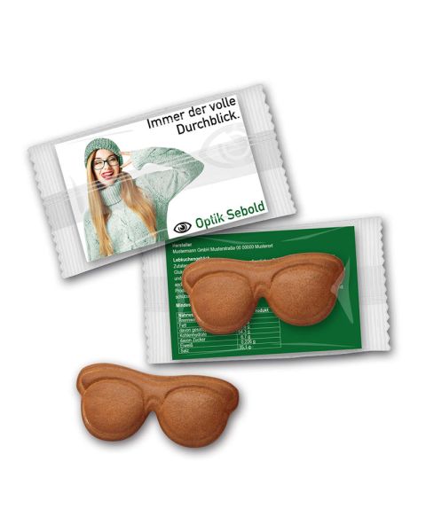 20 g gingerbread glasses with marzipan logo on printed card in flow pack
