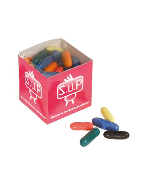 85 g liquorice sticks in a transparent cube with promotional print