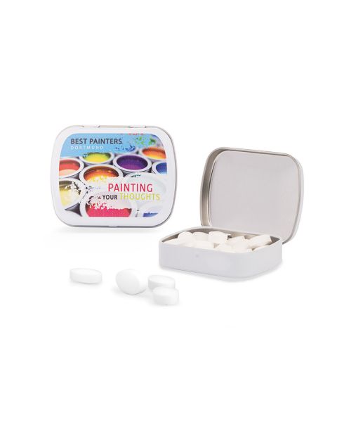 19 g sugar-free peppermint pastilles in a hinged lid tin with promotional print