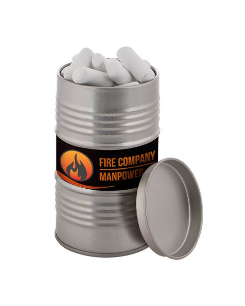 Oil barrel filled with sweet school chalk and advertising label