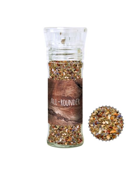 50 g organic All-Purpose spice mix in a spice mill with promotional label