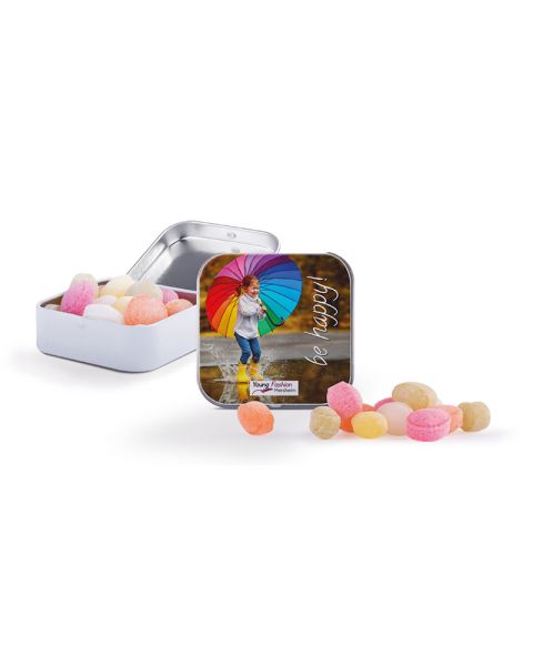 Square sweet tin with promotional print