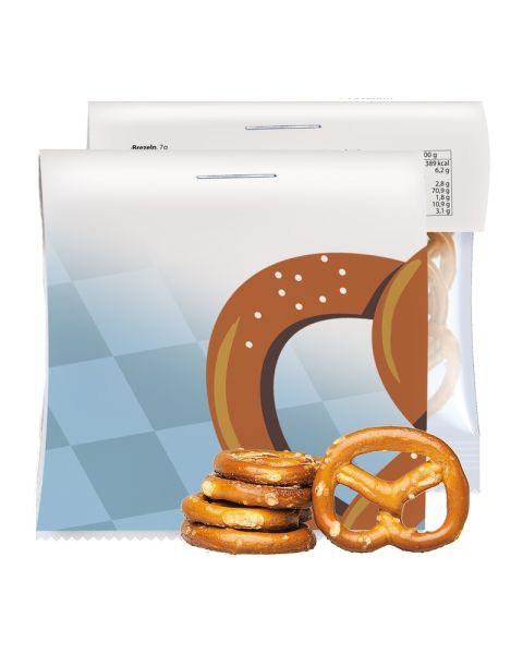 7 g Express organic mini pretzels in promotional bag with advertising tag