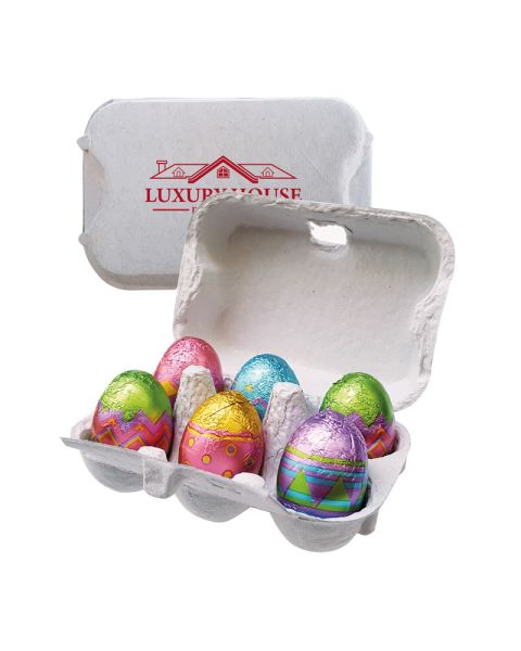 Mini chocolate egg 6-pack egg packaging with advertising print