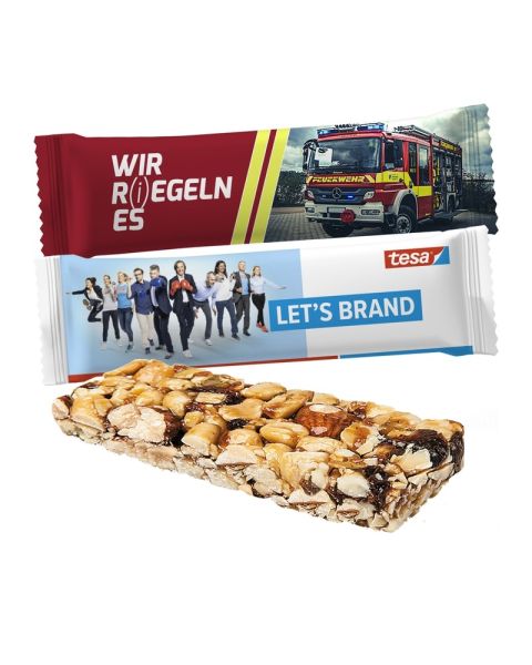 25 g organic nut mix muesli bars in flow packs with promotional print