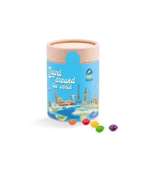 Maxi paper tin Skittles chewy sweets with paper label and logo print