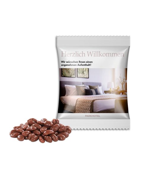 10 g chocolate raisins made from oats in promotional bag with logo print