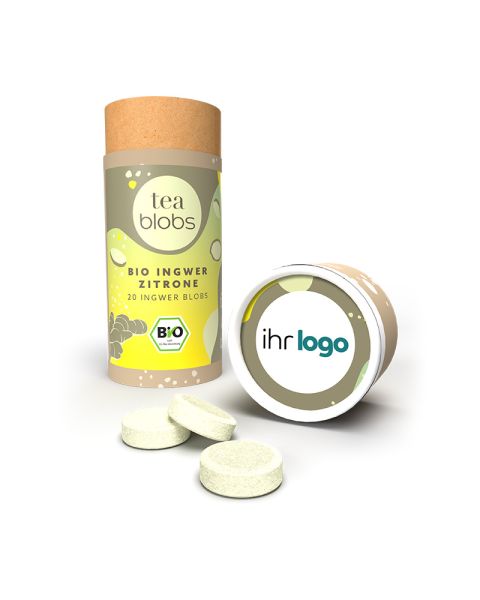 Bio Ingwer Zitrone TeaBlobs in Eco Pappdose mit Werbeanbringung