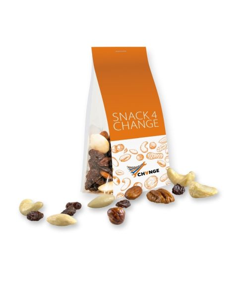 40 g express organic trail mix in stand-up pouches with promotional label