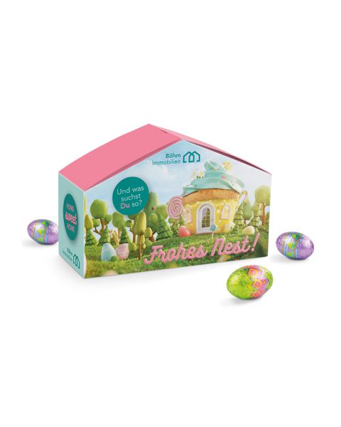 Easter house with chocolate Easter eggs with promotional print