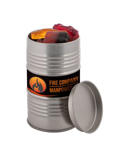 Oil barrel filled with liquorice in car shape and with advertising label