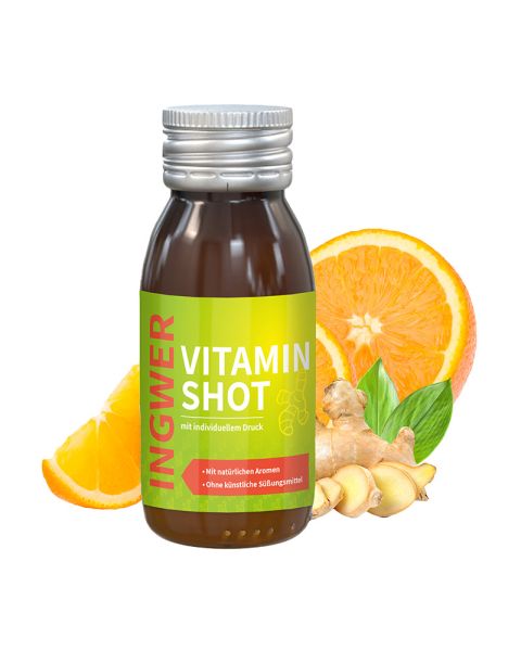 60 ml orange and ginger vitamin shot in glass bottles with promotional label