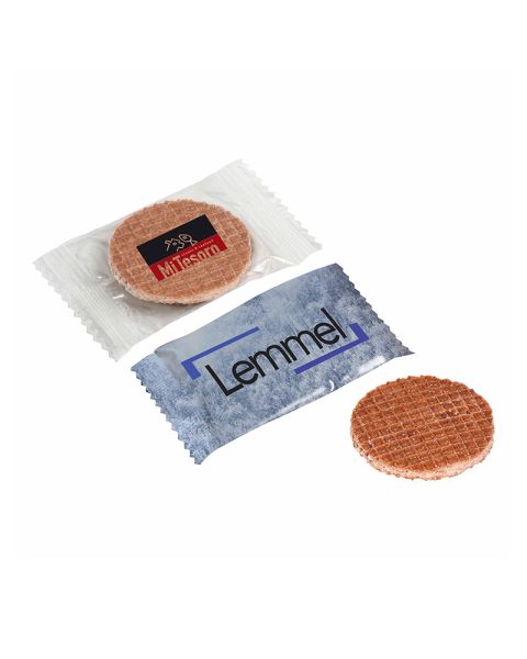 Mini syrup waffles in flow pack with promotional print