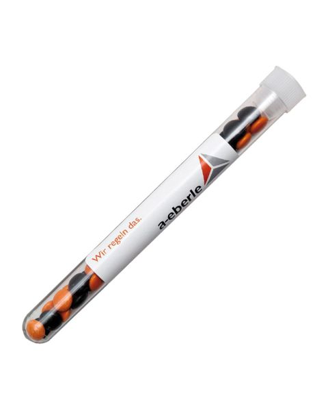 16 g coloured chocolate lentils in a test tube with promotional label