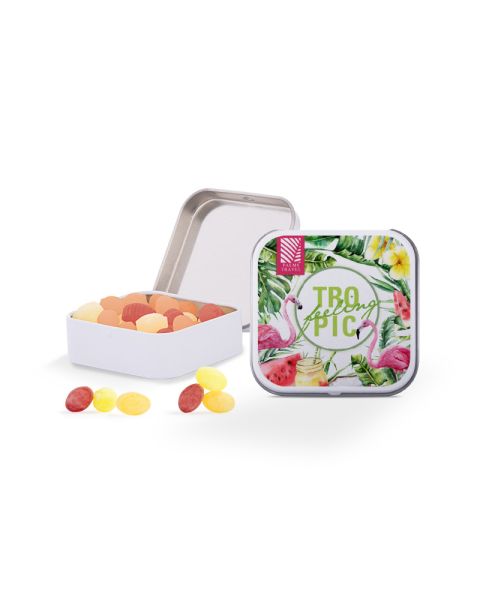 25 g micro fruit mix sweets in a square tin with promotional print
