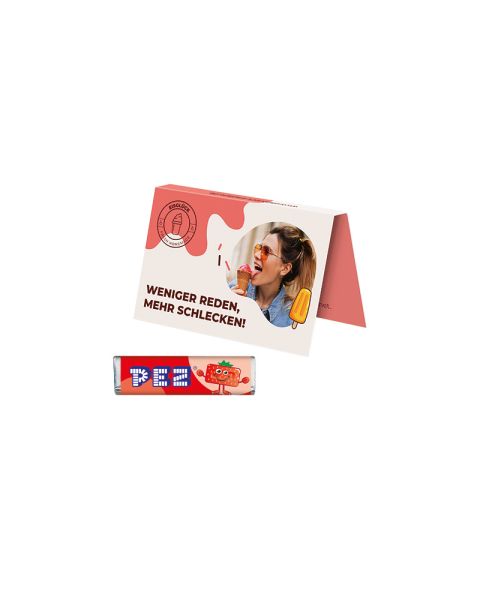 Advertising card PEZ strawberry candy bar with logo print