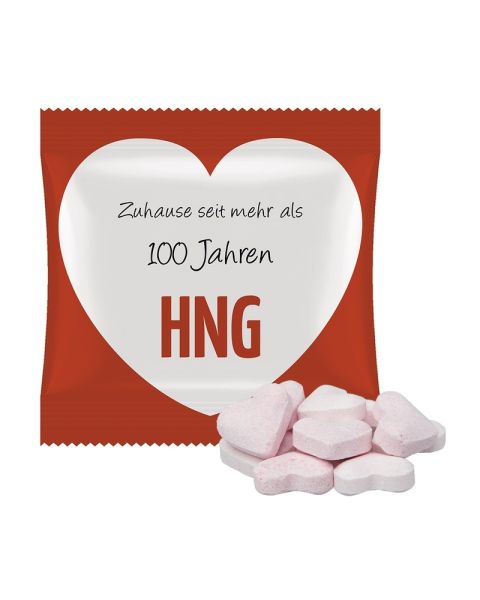 10 g fizzy hearts in promotional bag with logo print