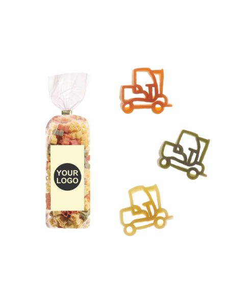 250 g Werbe-Nudeln in Gabelstapler-Form im Standbeutel mit Werbeetikett
