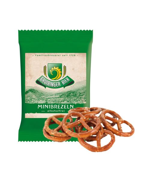 10 g mini pretzels in promotional bags with logo print